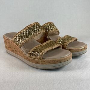 LifeStride BZees Resort Washable Slide Cork Wedge Raffia Gold Sandals Sz 7M